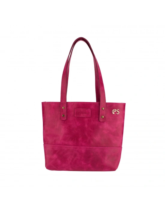 İsme Özel Tote Bag El Omuz Çantası - %100 Rainbow Deri - AC03003 - Fuşya