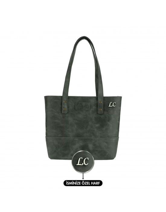 İsme Özel Tote Bag El Omuz Çantası - %100 Rainbow Deri - AC03003 - Haki