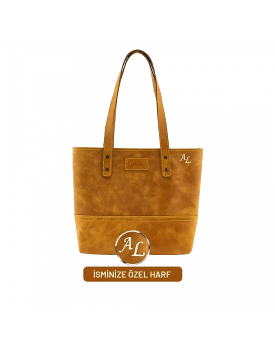 İsme Özel Tote Bag El Omuz Çantası - %100 Rainbow Deri - AC03003 - Hardal Sarısı