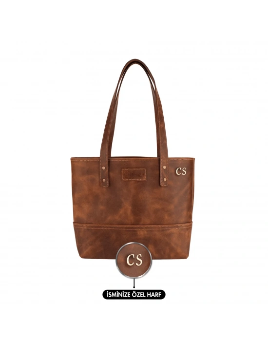 İsme Özel Tote Bag El Omuz Çantası - %100 Rainbow Deri - AC03003 - Kahverengi