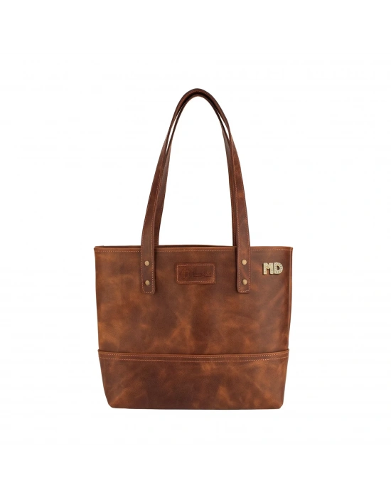 İsme Özel Tote Bag El Omuz Çantası - %100 Rainbow Deri - AC03003 - Kahverengi