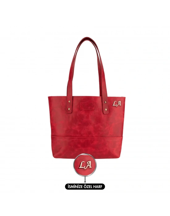 İsme Özel Tote Bag El Omuz Çantası - %100 Rainbow Deri - AC03003 - Kırmızı
