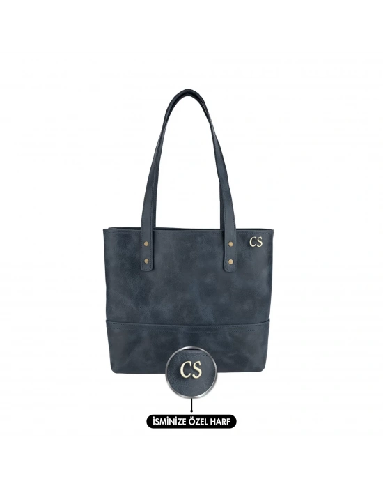 İsme Özel Tote Bag El Omuz Çantası - %100 Rainbow Deri - AC03003 - Lacivert