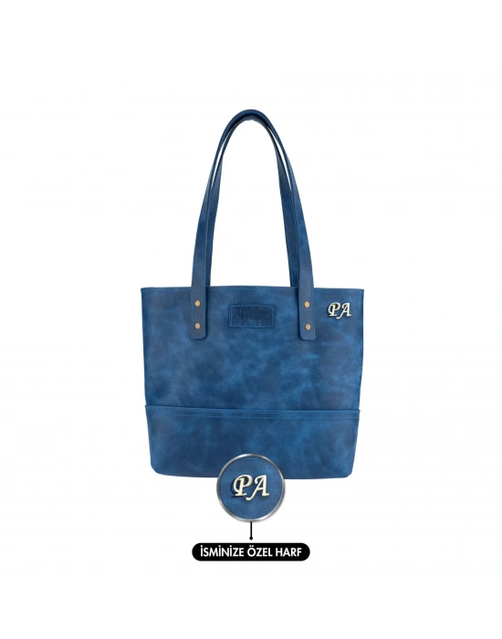 İsme Özel Tote Bag El Omuz Çantası - %100 Rainbow Deri - AC03003 - Saks Mavisi