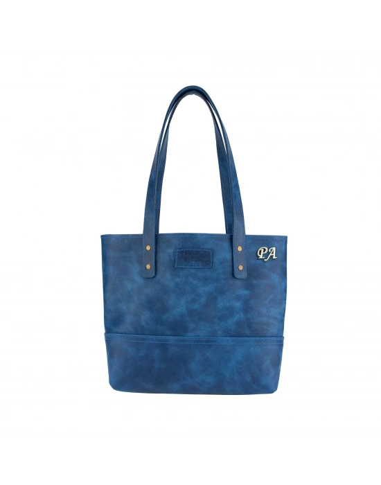 İsme Özel Tote Bag El Omuz Çantası - %100 Rainbow Deri - AC03003 - Saks Mavisi
