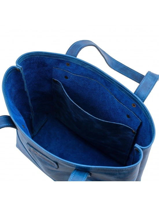 İsme Özel Tote Bag El Omuz Çantası - %100 Rainbow Deri - AC03003 - Saks Mavisi