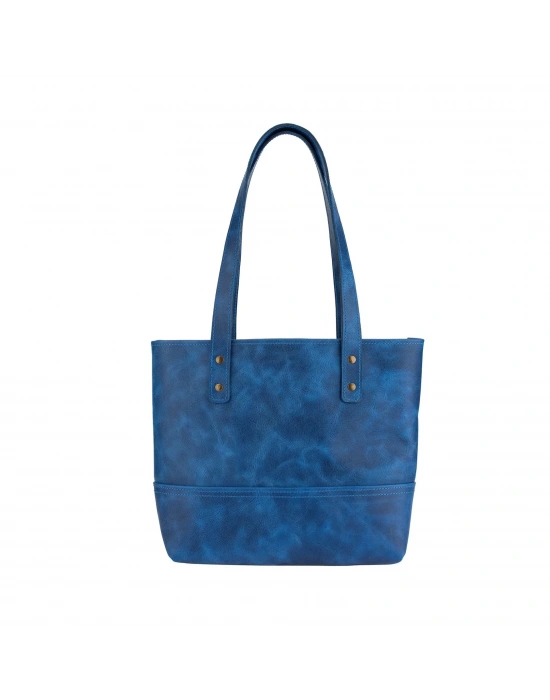 İsme Özel Tote Bag El Omuz Çantası - %100 Rainbow Deri - AC03003 - Saks Mavisi