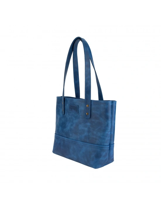İsme Özel Tote Bag El Omuz Çantası - %100 Rainbow Deri - AC03003 - Saks Mavisi