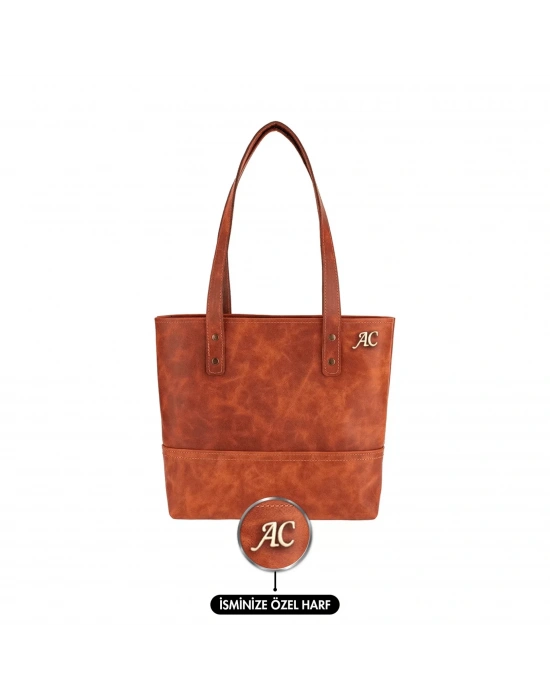 İsme Özel Tote Bag El Omuz Çantası - %100 Rainbow Deri - AC03003 - Tobacco