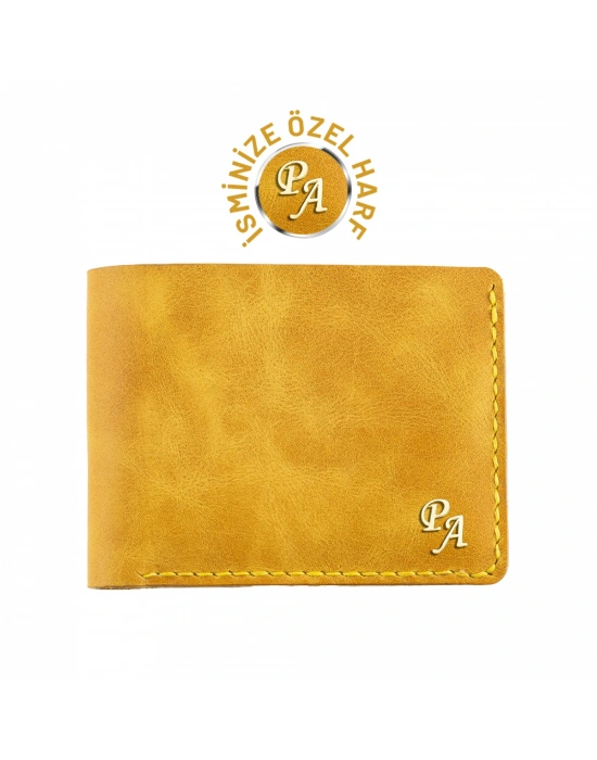 İsme Özel Yatay Klasik Cüzdan - %100 Rainbow Deri - A010001 - Hardal Sarısı