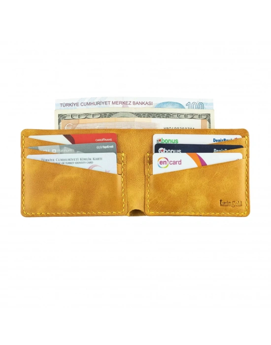 İsme Özel Yatay Klasik Cüzdan - %100 Rainbow Deri - A010001 - Hardal Sarısı