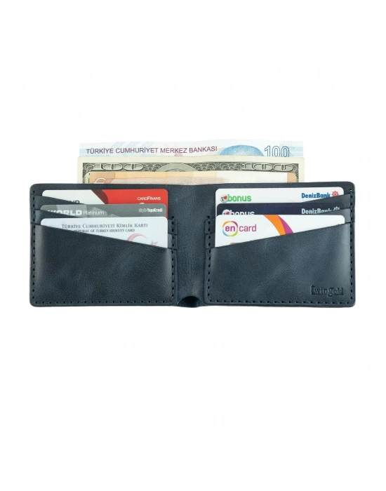 İsme Özel Yatay Klasik Cüzdan - %100 Rainbow Deri - A010001 - Lacivert
