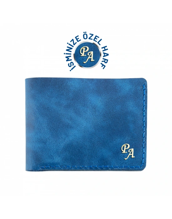 İsme Özel Yatay Klasik Cüzdan - %100 Rainbow Deri - A010001 - Saks Mavisi