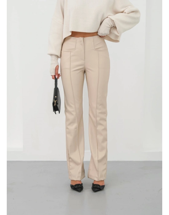 İspanyol yırtmaçlı paça deri pantolon bej hn