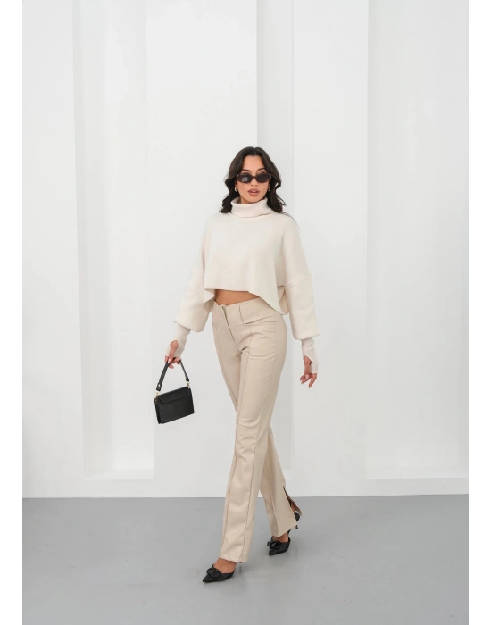 İspanyol yırtmaçlı paça deri pantolon bej hn