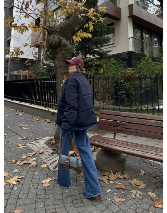 Jeans Detaylı Cıtcıtlı Ceket Mont - Lacivert