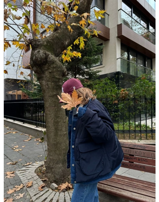 Jeans Detaylı Cıtcıtlı Ceket Mont - Lacivert