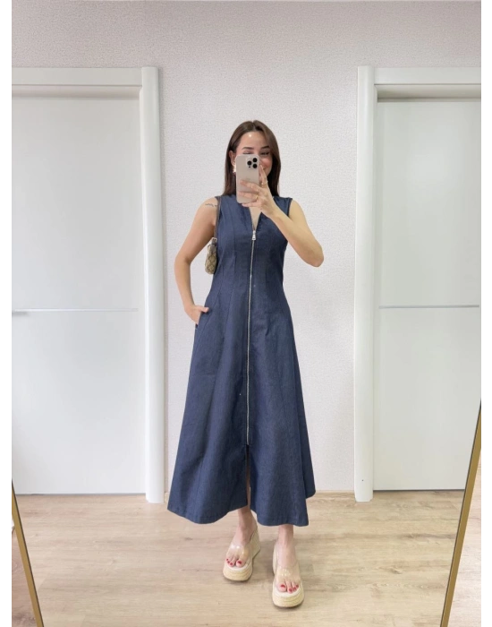 Jeans Kot Önü Tam Fermuarlı Kadın Uzun Elbise - Mavi
