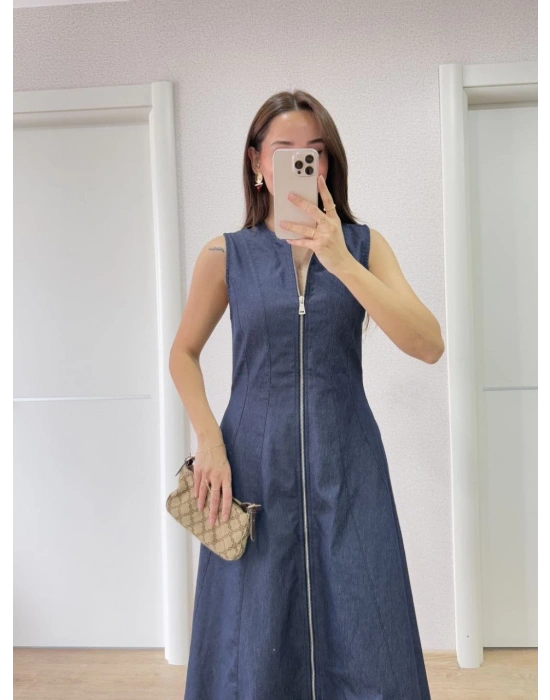 Jeans Kot Önü Tam Fermuarlı Kadın Uzun Elbise - Mavi