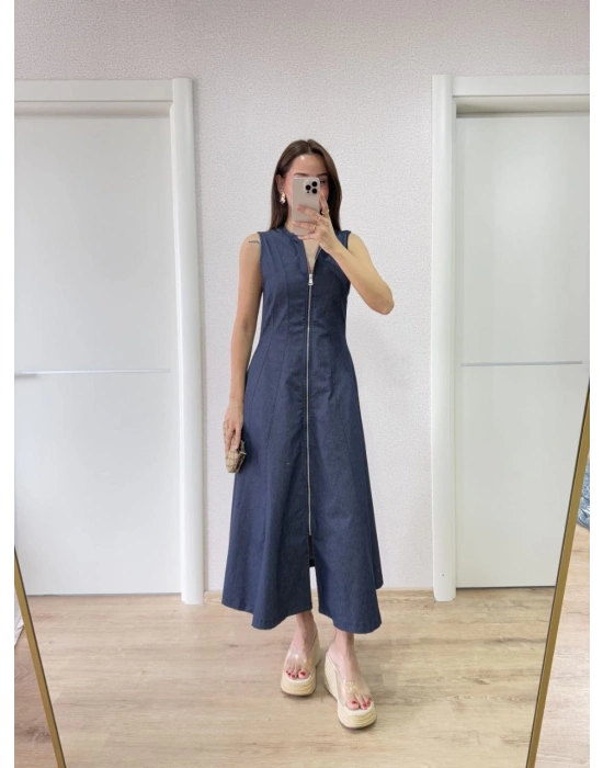 Jeans Kot Önü Tam Fermuarlı Kadın Uzun Elbise - Mavi