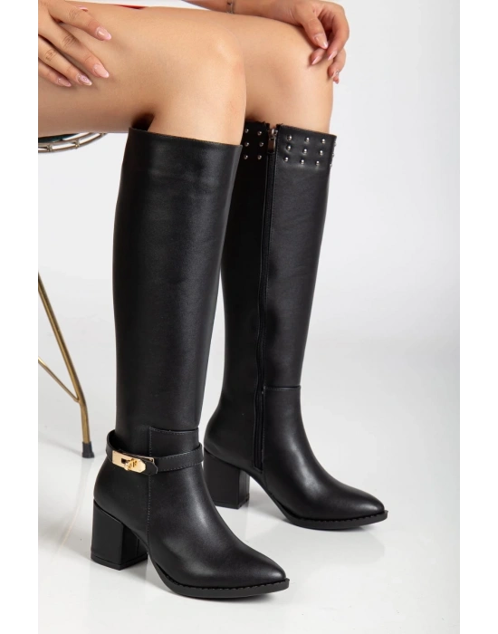 Jeoli Siyah Cilt Topuklu Çizme
