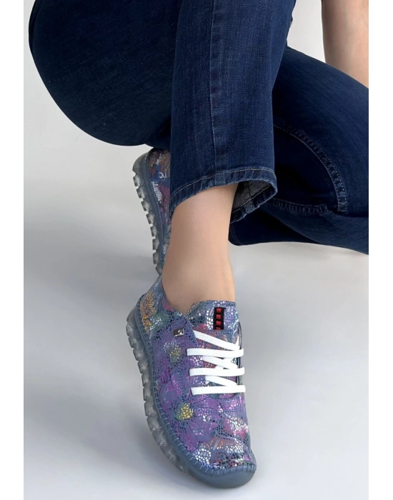 Jiten Mor Desenli Deri Bağcıklı Spor Ayakkabı