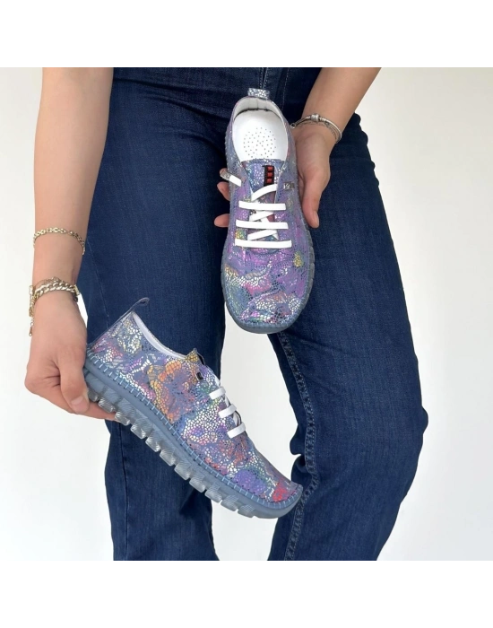 Jiten Mor Desenli Deri Bağcıklı Spor Ayakkabı