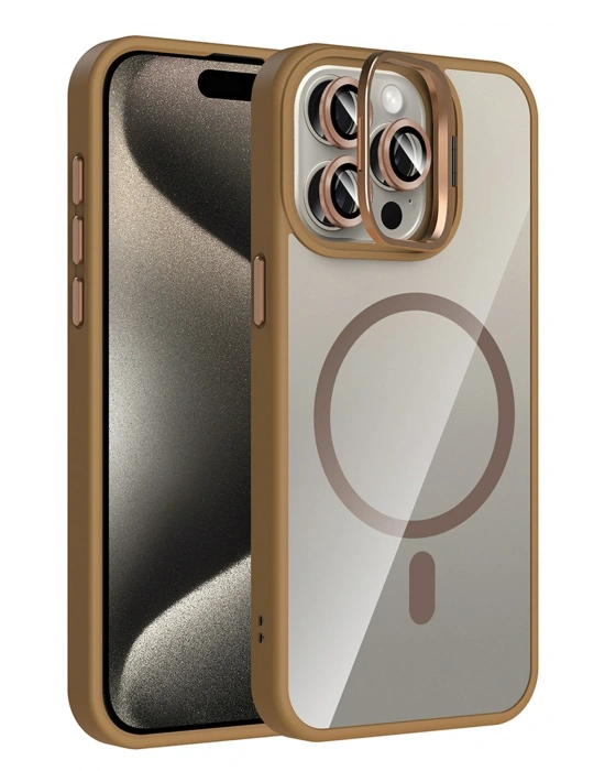 Joko Apple iPhone 14 Pro Max Remim Lensli Magsafe Standlı Kapak - Kahverengi