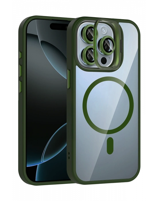 Joko Apple iPhone 14 Pro Max Remim Lensli Magsafe Standlı Kapak - Koyu Yeşil