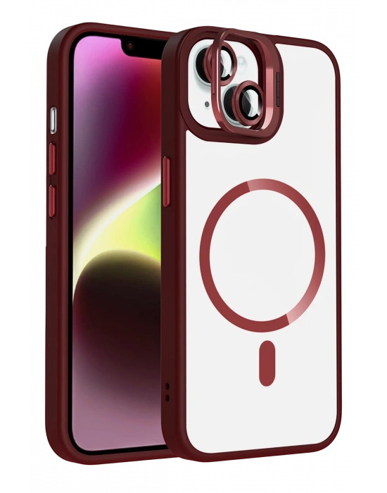 Joko Apple iPhone 14 Remim Lensli Magsafe Standlı Kapak - Bordo