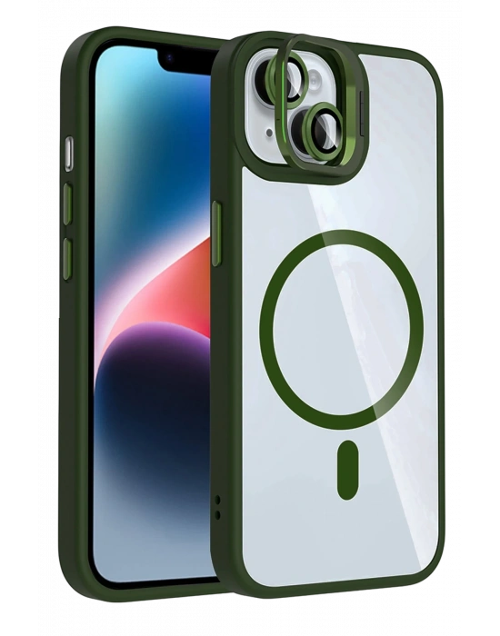 Joko Apple iPhone 14 Remim Lensli Magsafe Standlı Kapak - Koyu Yeşil