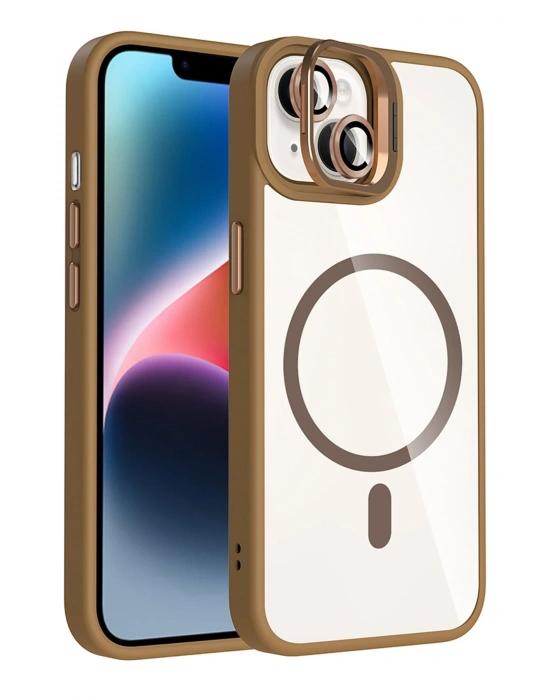 Joko Apple iPhone 15 Plus Remim Lensli Magsafe Standlı Kapak - Kahverengi