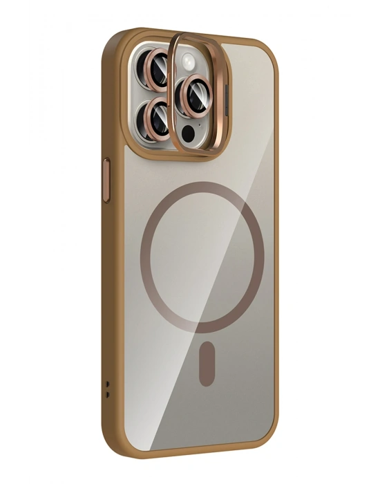 Joko Apple iPhone 15 Pro Max Remim Lensli Magsafe Standlı Kapak - Kahverengi