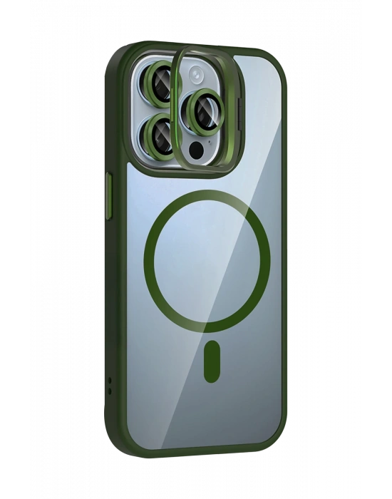 Joko Apple iPhone 15 Pro Max Remim Lensli Magsafe Standlı Kapak - Koyu Yeşil