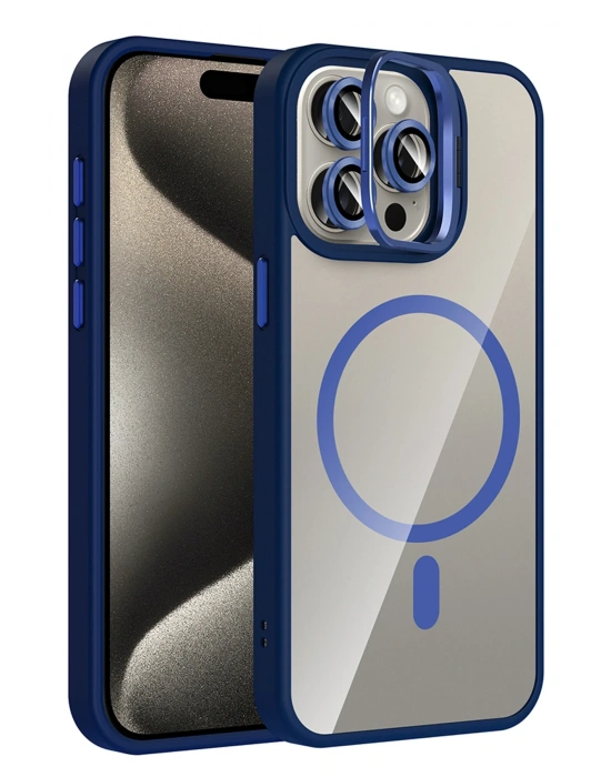 Joko Apple iPhone 15 Pro Max Remim Lensli Magsafe Standlı Kapak - Lacivert