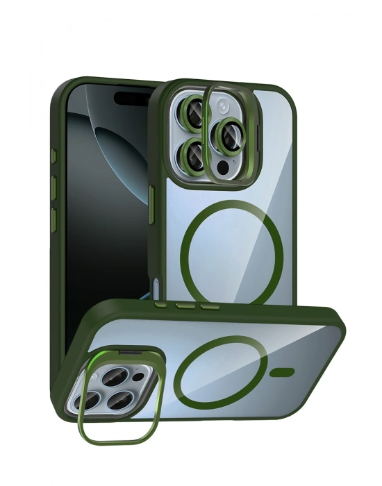 Joko Apple iPhone 16 Pro Remim Lensli Magsafe Standlı Kapak - Koyu Yeşil