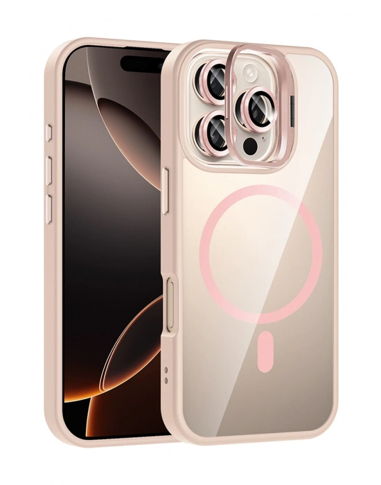 Joko Apple iPhone 16 Pro Remim Lensli Magsafe Standlı Kapak - Pembe