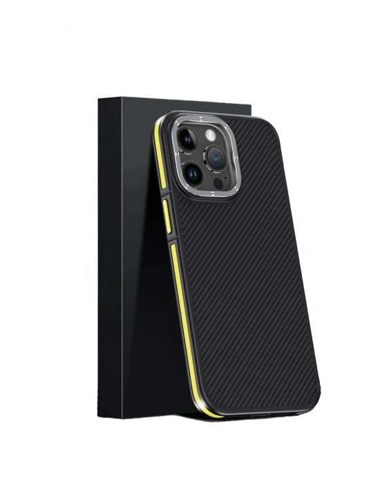 Joko iPhone 15 Pro Kılıf Aramid 600D Kevlar Karbon Fiber Magsafe Kapak - Sarı