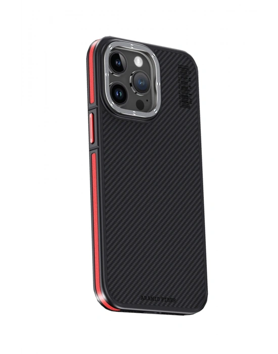 Joko iPhone 15 Pro Max Kılıf Aramid 600D Kevlar Karbon Fiber Magsafe Kapak - Kırmızı