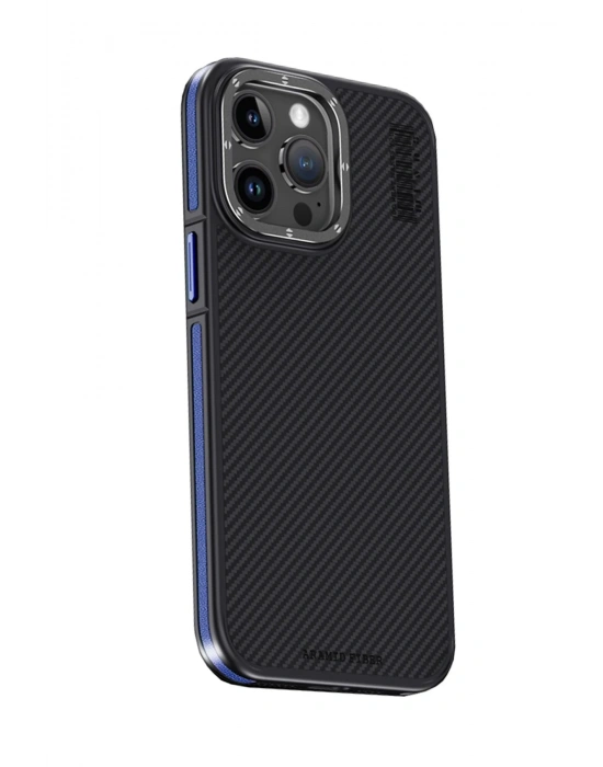 Joko iPhone 15 Pro Max Kılıf Aramid 600D Kevlar Karbon Fiber Magsafe Kapak - Lacivert
