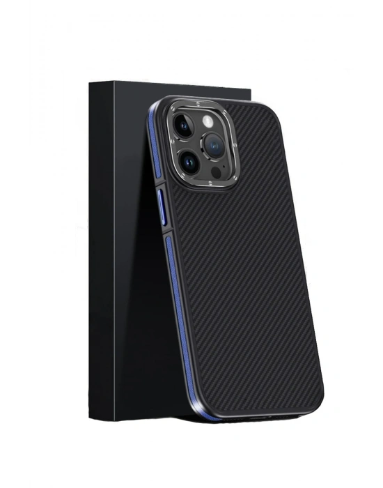 Joko iPhone 15 Pro Max Kılıf Aramid 600D Kevlar Karbon Fiber Magsafe Kapak - Lacivert