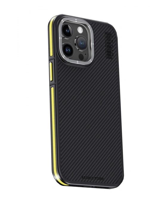 Joko iPhone 15 Pro Max Kılıf Aramid 600D Kevlar Karbon Fiber Magsafe Kapak - Sarı