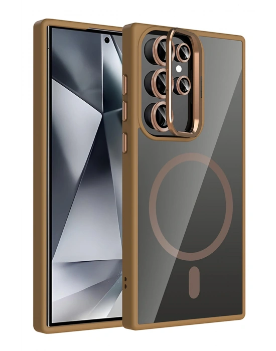 Joko Samsung Galaxy S23 Ultra Remim Lensli Magsafe Standlı Kapak - Kahverengi