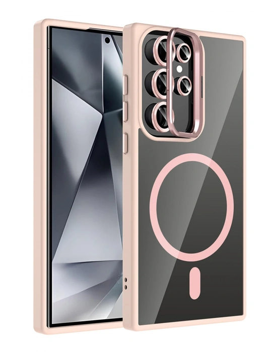 Joko Samsung Galaxy S23 Ultra Remim Lensli Magsafe Standlı Kapak - Pembe