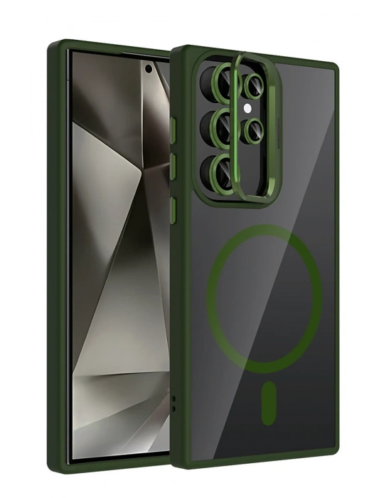 Joko Samsung Galaxy S24 Ultra Remim Lensli Magsafe Standlı Kapak - Koyu Yeşil