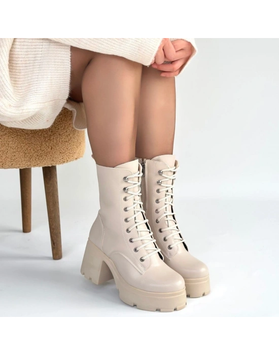 Jones Bej Cilt Bağcıklı Topuklu Bot