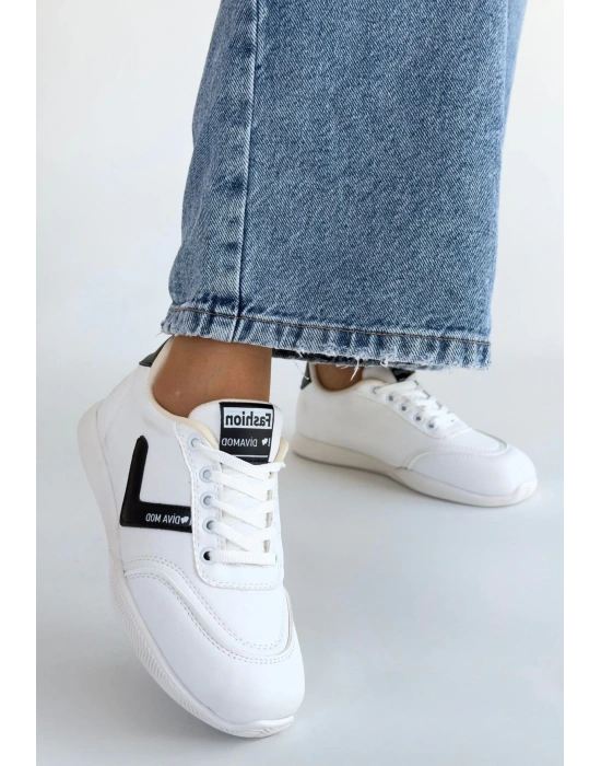 Jowen Beyaz Cilt Siyah Detaylı Bağcıklı Spor Ayakkabı