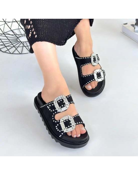 Juana Siyah Nubuk  Taşlı Terlik