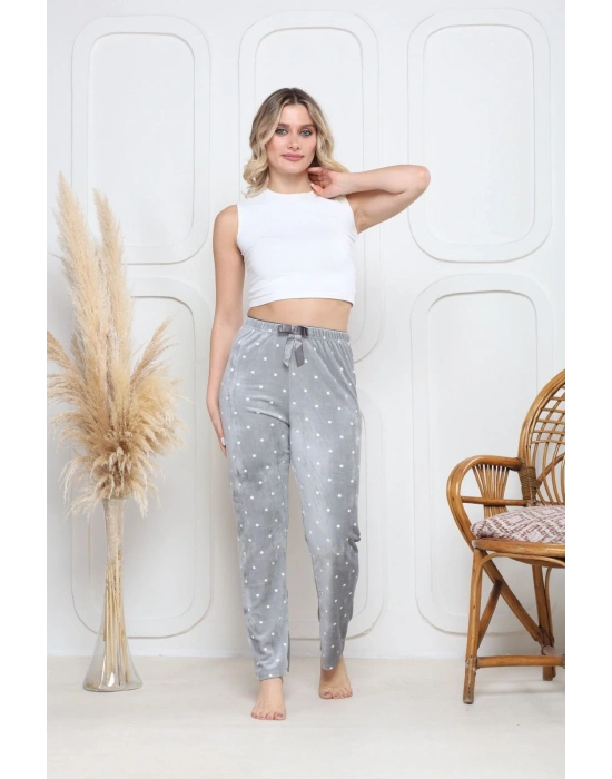 Kadife pijama altı gri üstüne yuvarlak beyazPontiye desenli q7013