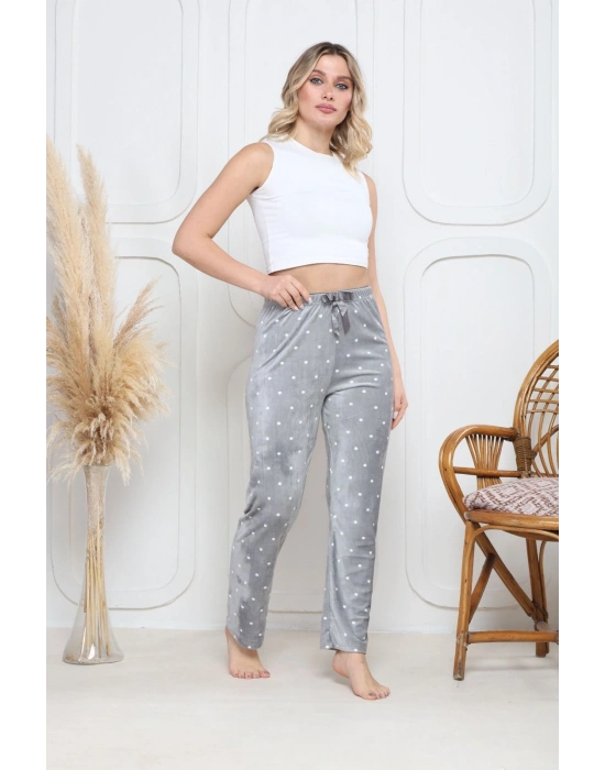 Kadife pijama altı gri üstüne yuvarlak beyazPontiye desenli q7013
